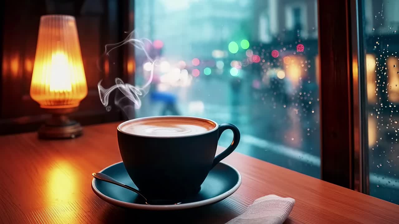 Cena aconchegante de café com uma xícara de café fumegante junto a uma janela chuvosa, filmado ao nível dos olhos, estilo de vídeo