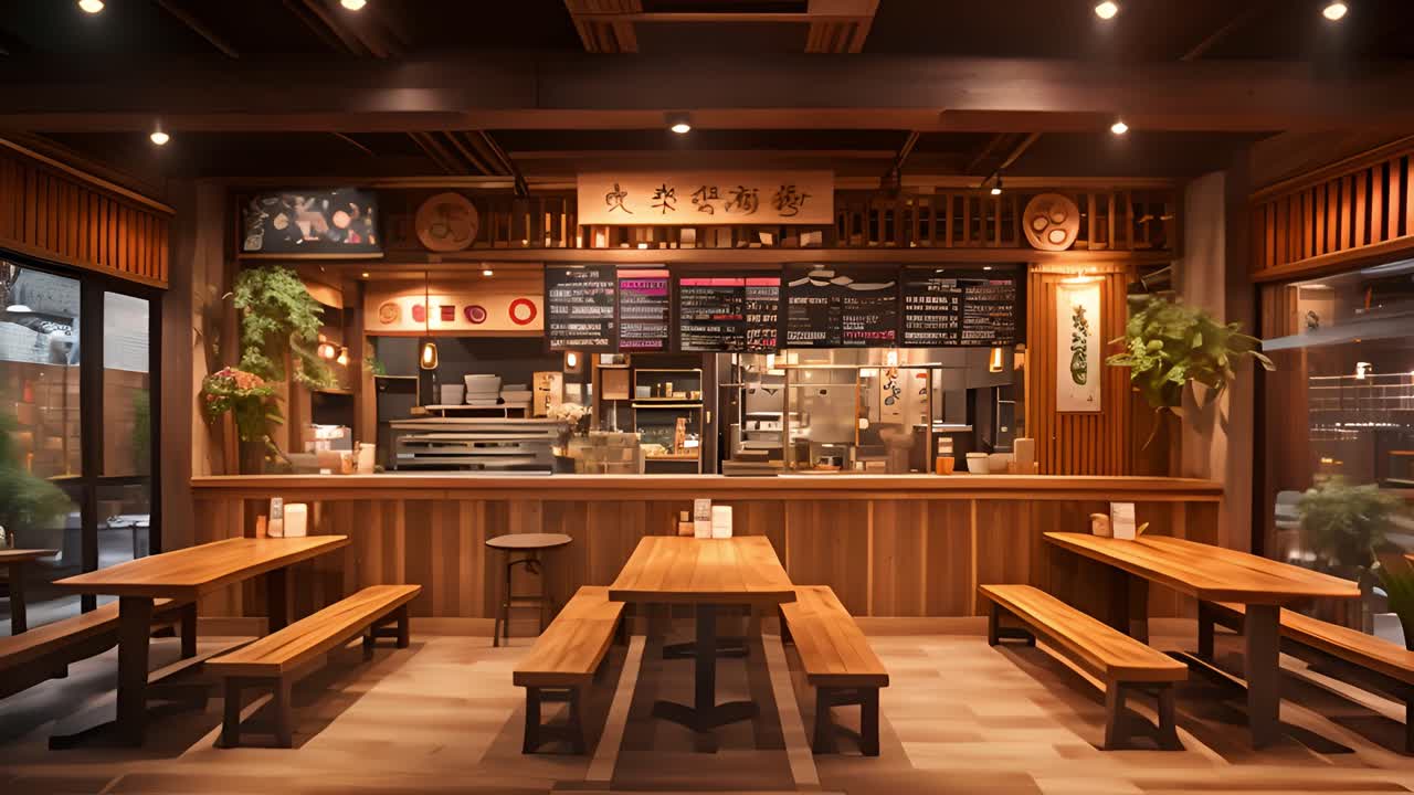 Interior view of an empty, cozy Japanese-style restaurant
