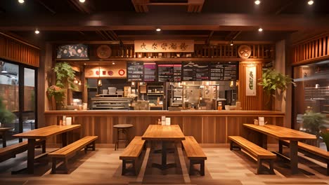 interior view of an empty, cozy japanese-style restaurant