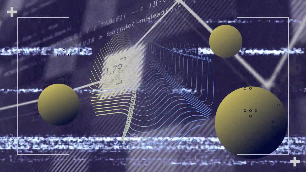 Glitch lines sweeping initiating 3D mesh pulsing with spheres shifting and graph visualizing trends