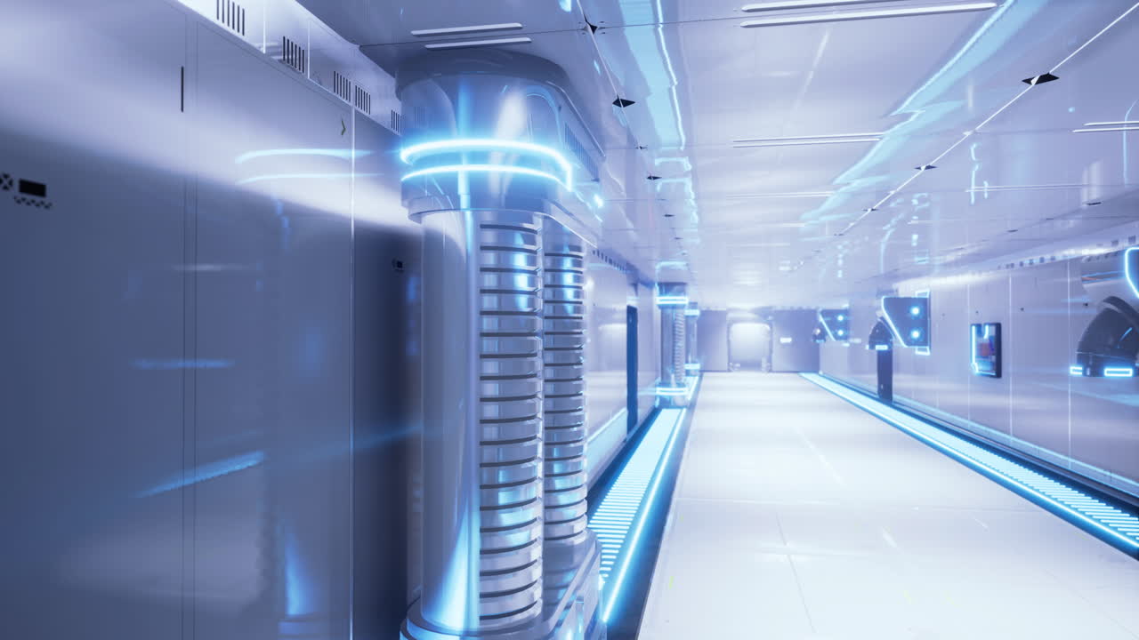 Futuristic corridor with glowing lights and sleek design in a modern facility