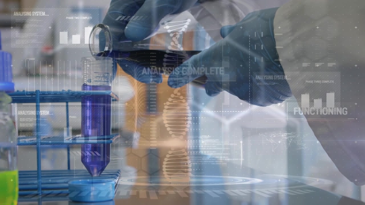 Animation of dna strand and data processing over caucasian scientist in lab