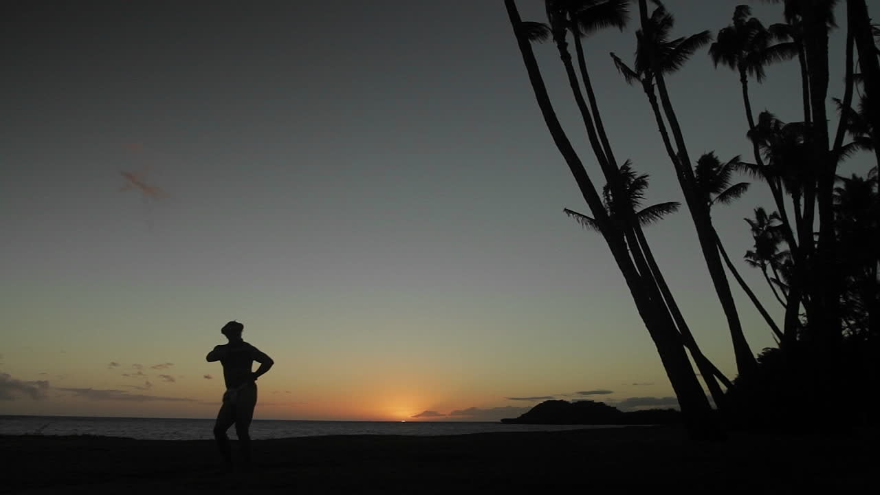 하와이 원주민 댄서가 황혼에 멀리서 공연합니다.