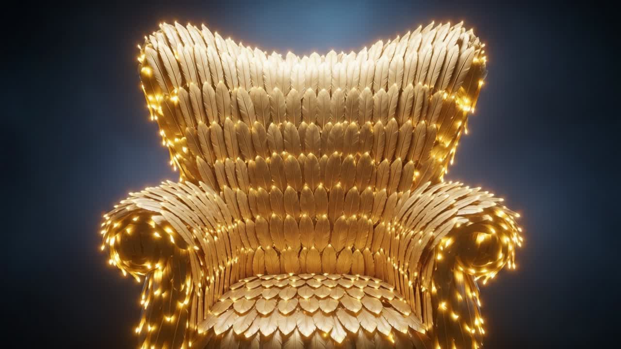 A Stunning Artistic Chair Design Illuminated with Delicate Lights and Elaborate Feather-like Texture, Showcasing Unique Craftsmanship and Modern Aesthetic Appeal