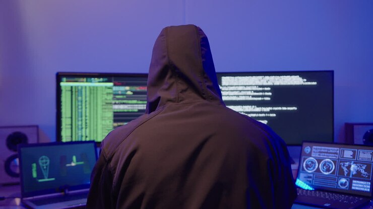 Hacker che lavora su schermi di computer e si toglie il cappuccio per rivelarsi