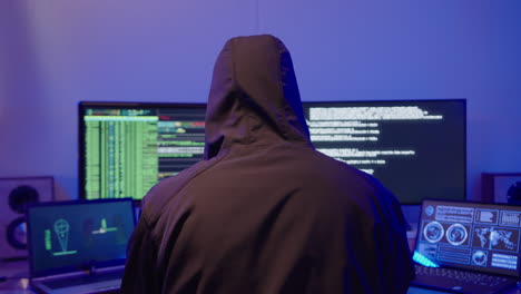 Male-hacker-working-on-computer-screens-and-makes-hood-down-to-reveal-himself