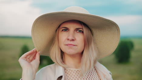 elegant woman in sun hat standing outdoors, holding her hat while gazing thoughtfully into the distance, background features open landscape with trees, grass, and a peaceful sky