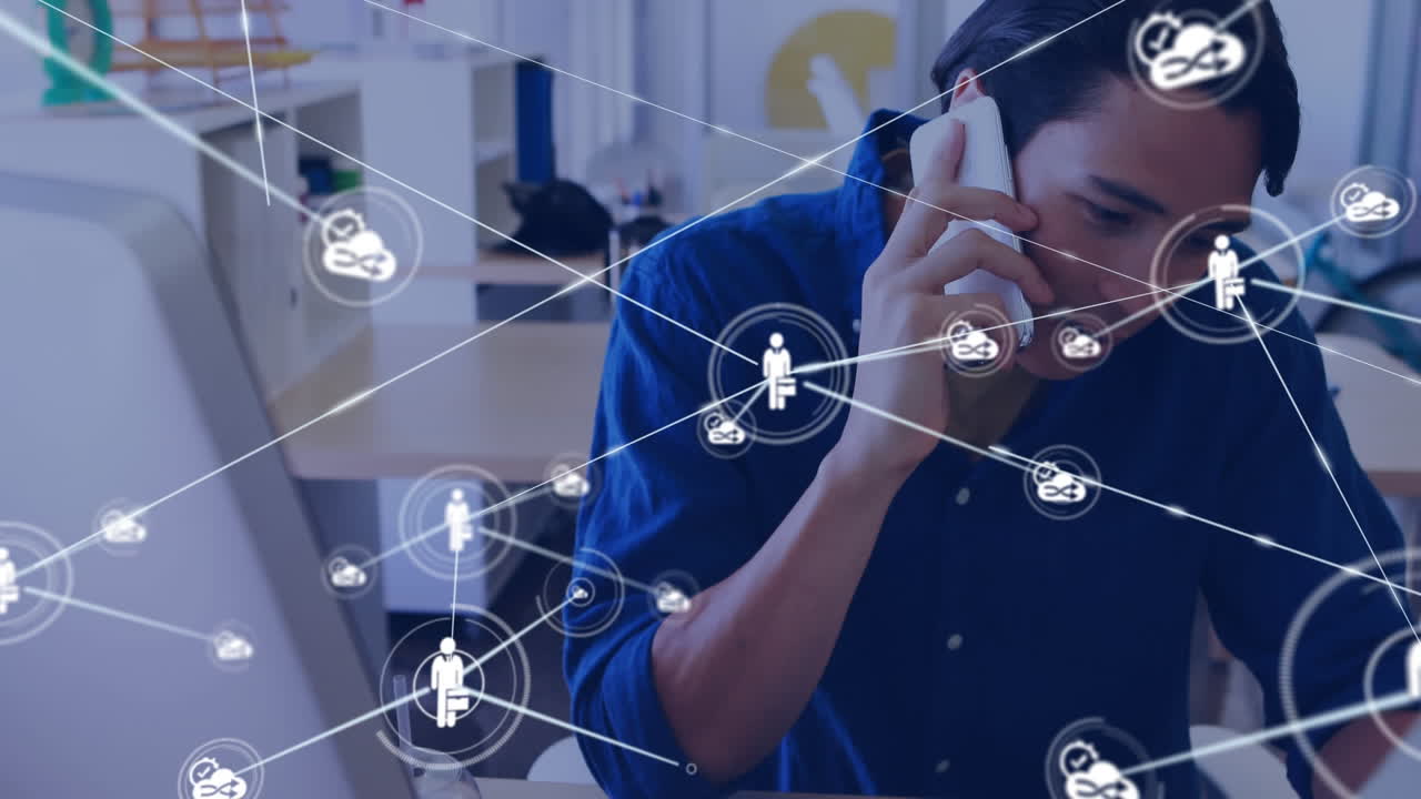 Network of connection icons against man talking on smartphone