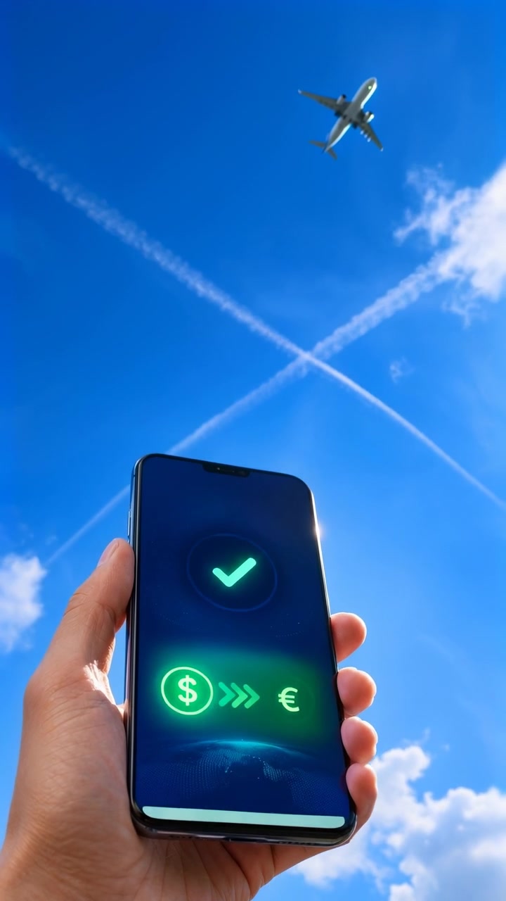 Vista cercana de una mano sosteniendo un teléfono con pantalla iluminada mientras aeronaves se mueven por el cielo azul, con luz solar, nubes y una composición sencilla que resalta la conexión digital y la tecnología al aire libre.