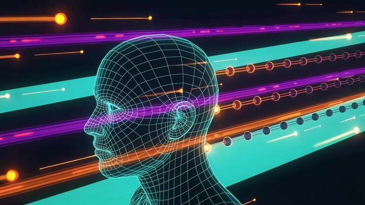 Streaming mesh head receiving leftward spheres from cyan ribbon in neon corridor, visualizing data