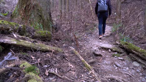 Ein-Junger-Müder-Wanderer,-Der-Mit-Seinem-Rucksack-Auf-Dem-Gruseligen-Pfad-Des-Berges-Spaziert---Mittlere-Aufnahme