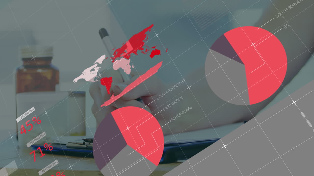 animación de la interfaz infográfica sobre la sección media de la chica caucásica escribiendo en el bloc de notas