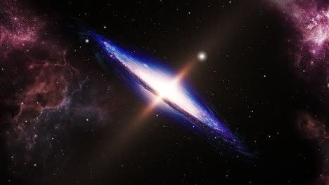 una galaxia y una nube nebulosa púrpura moviéndose en el universo