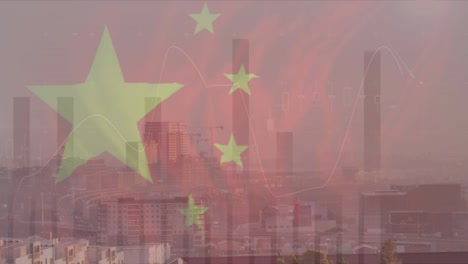 animation of flag of china and financial data processing over cityscape