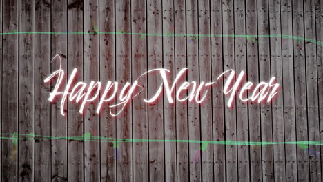 animación del texto del año nuevo sobre luces de hadas en fondo de madera