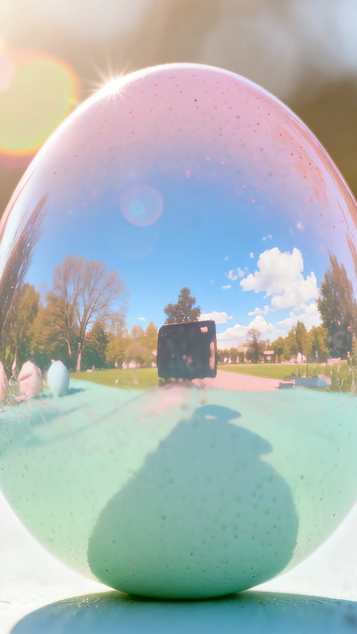 Vertical video: Recording mirrored egg sculpture in park, capturing person raising phone and flare