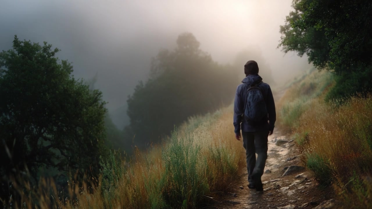 A solitary hiker walks along a misty path surrounded by lush greenery, capturing the essence of tranquility and exploration in nature's serene embrace.