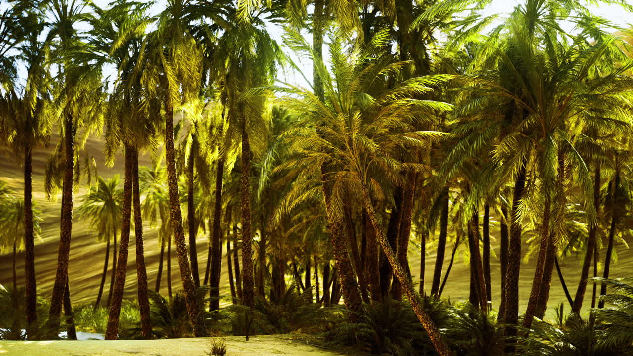 Lush palm trees basking in golden sunlight in a tranquil oasis setting