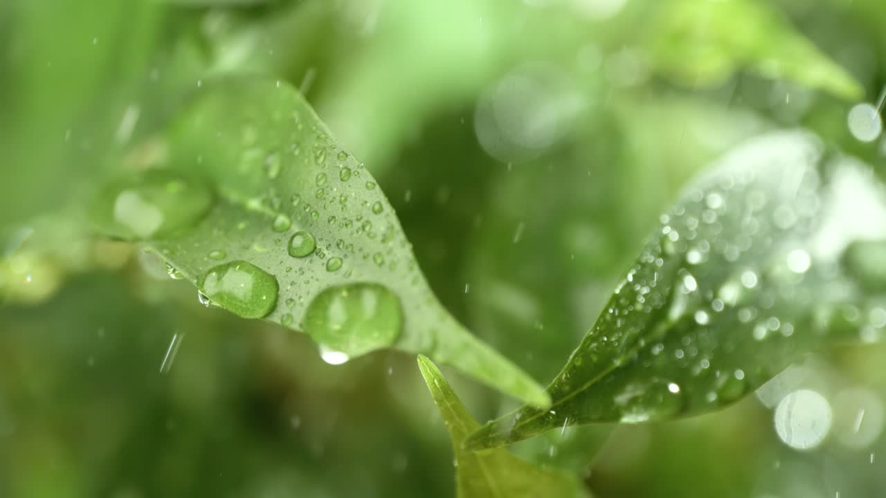 Close up of raindrops in super slow motion. rain drips on the green ...