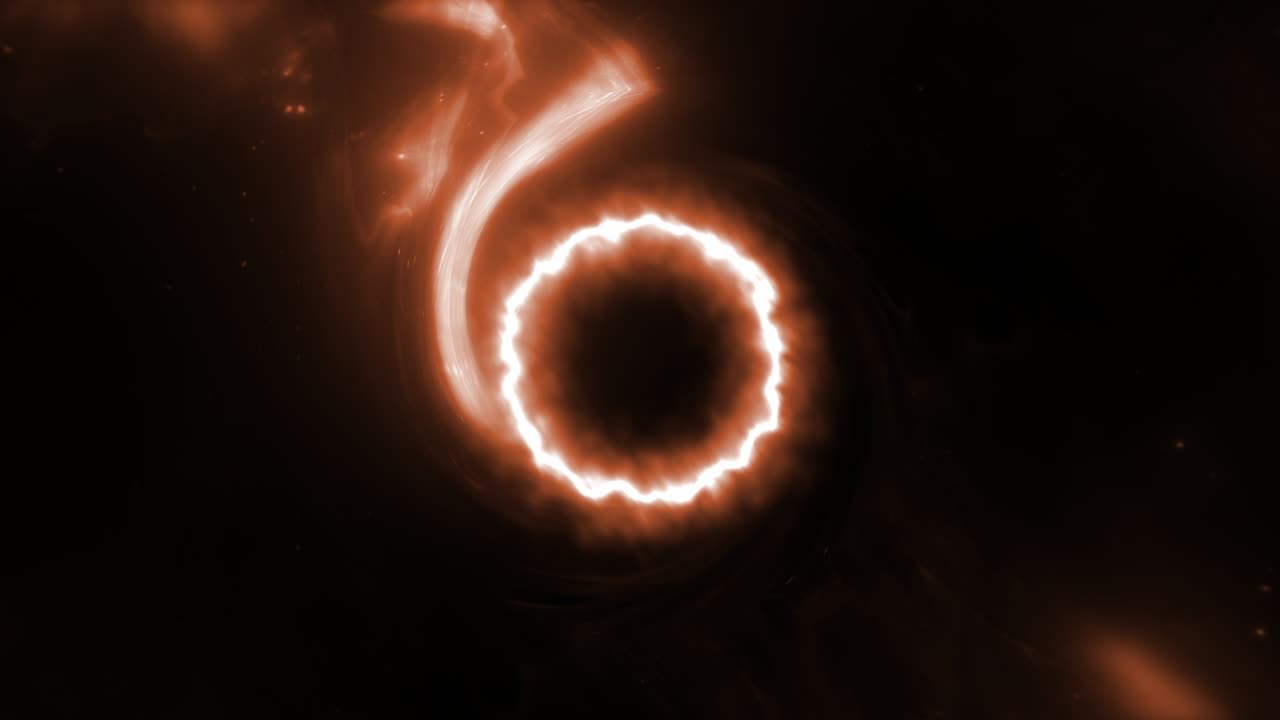 Abstract 4K 3D CGI seamless loop black hole with orange gas cloud in space. Loop space flight towards mysterious blackhole or wormhole twisting animation with orange light is spinning in the universe.