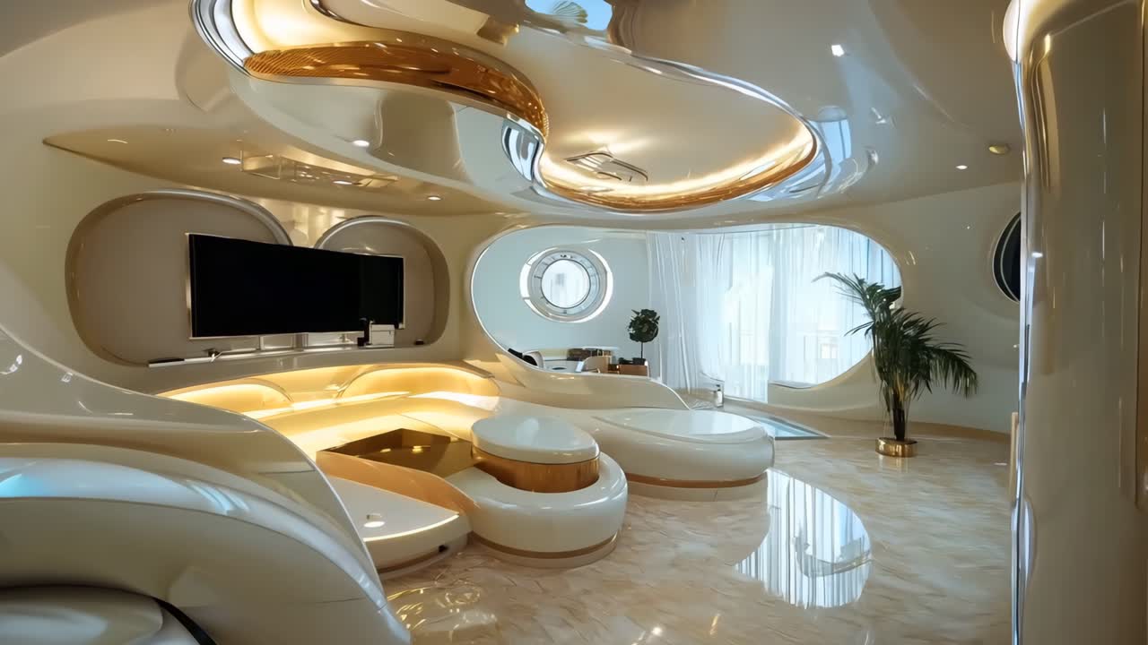 un soggiorno con mobili bianchi e una grande finestra