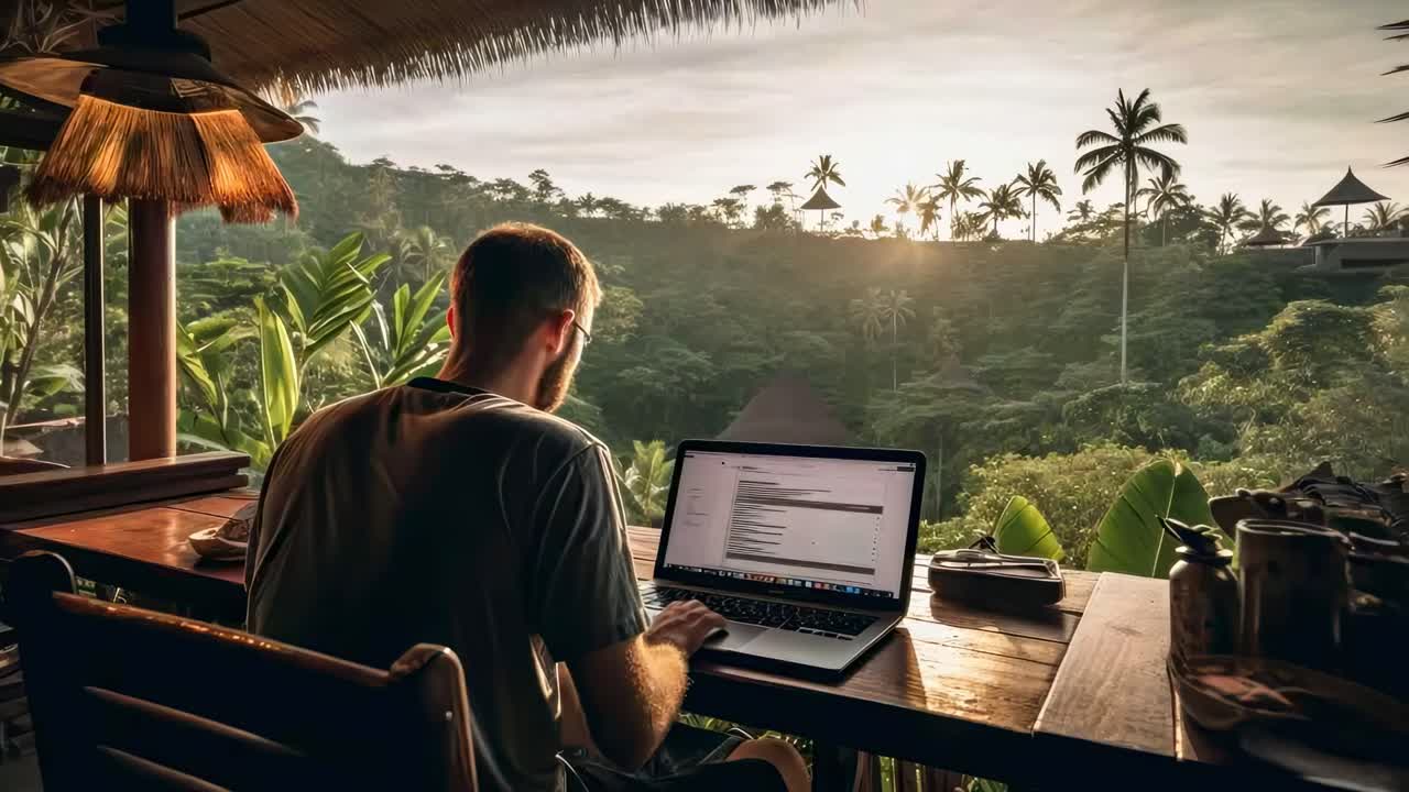 A man works on a laptop in a tropical setting at sunset