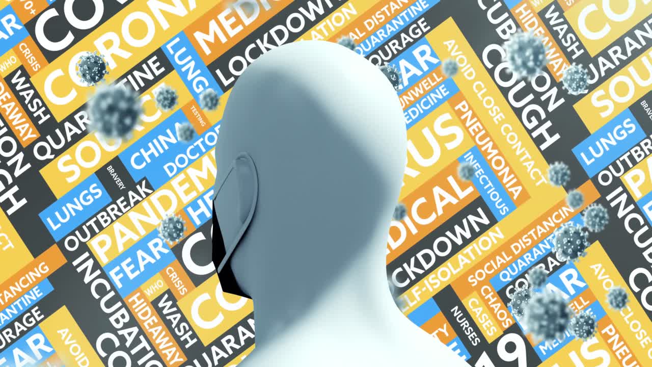 코로나바이러스에 대한 인간의 머리 모델과 코로나19 세포 개념 텍스트