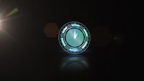 Animation-of-clock-ticking-over-glowing-light-on-black-background