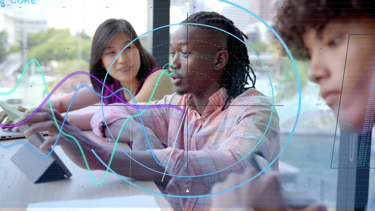 Central man leaning, reaching tablet and showing tech data, reticle waves aligning with gestures