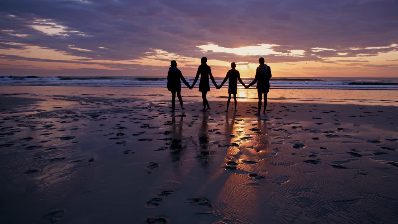 Silhuetter av en gruppe som holder hender på en strand ved solnedgang, fanget fra en lav vinkel