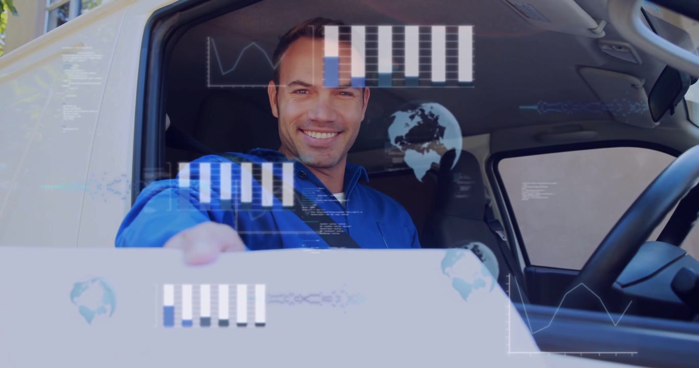 Driver reading glancing handing parcel thru window for delivery buckling resuming charts on docs