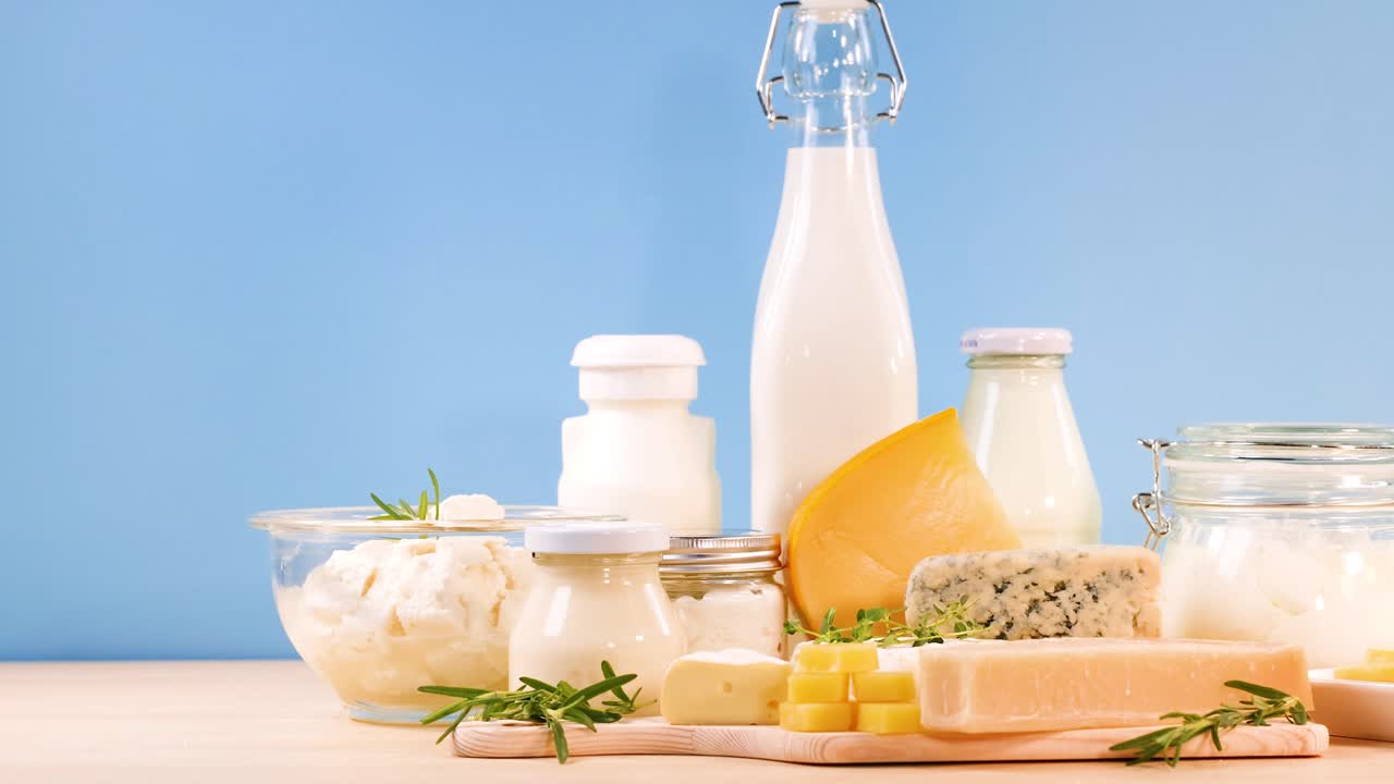 productos lácteos variados exhibidos contra un telón de fondo azul