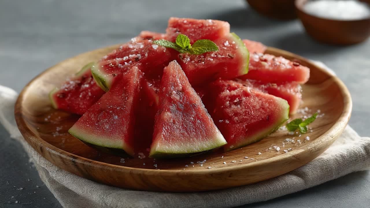A Refreshing Plate of Juicy Watermelon Slices Garnished with Fresh Mint and a Touch of Sea Salt, Perfect for a Hot Summer Day or a Healthy Snack Option