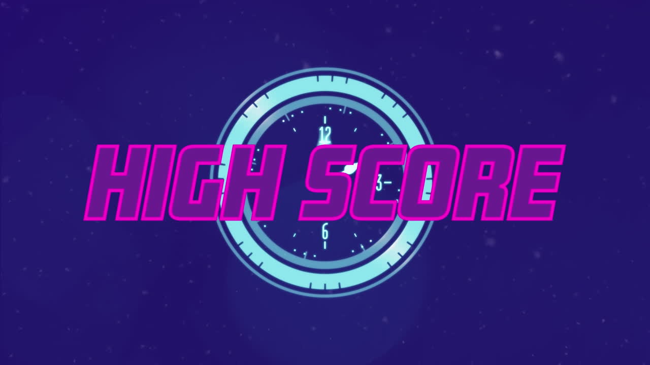 Animation of high score text banner over ticking clock and spots of light on blue background