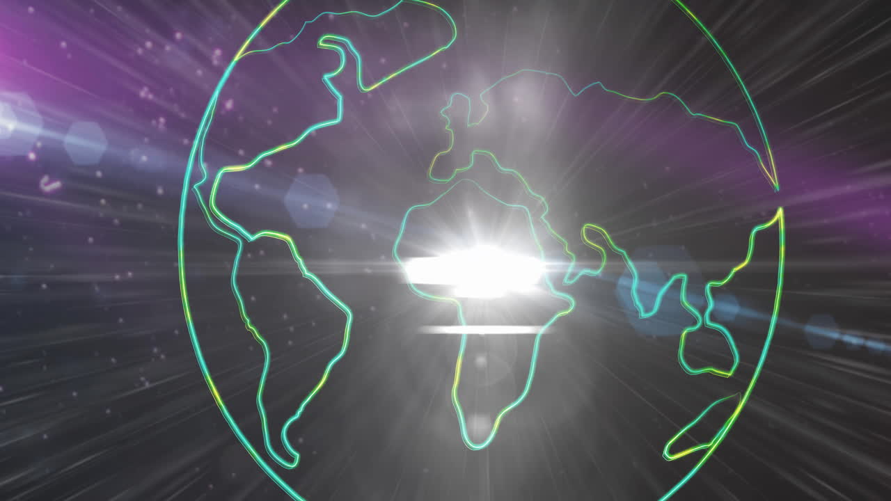 보라색 배경 에 대한 지구 위 에 있는 밝은 빛 의 점 의 디지털 애니메이션