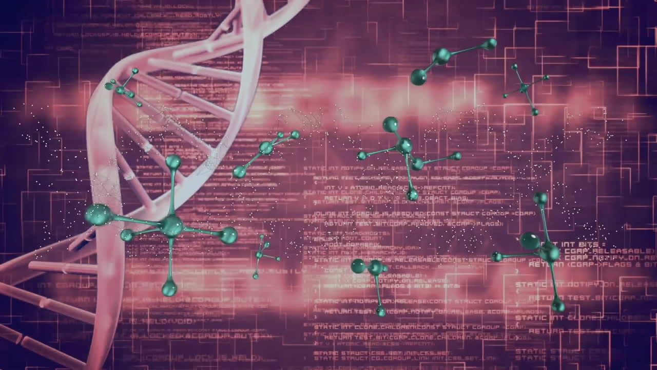 animación de cadenas de adn y moléculas con procesamiento de datos digitales sobre un fondo oscuro