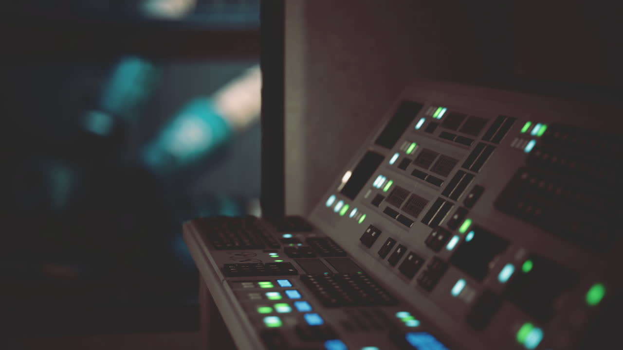 Control panel with illuminated buttons in a dark room during late hours