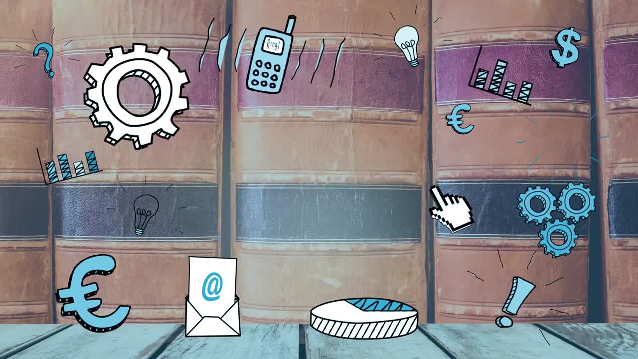 animación de la productividad y los iconos escolares sobre los libros en la estantería
