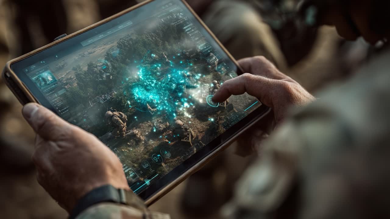 A Soldier Engaged in Tactical Strategy Using Advanced Technology on a Tablet, Analyzing Combat Scenarios with Real-Time Data Visualization for Effective Decision Making