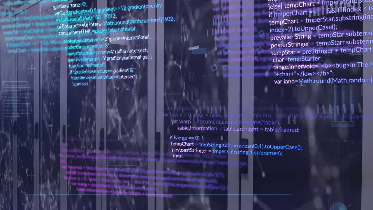 Animation of data processing and network of connections against computer server room