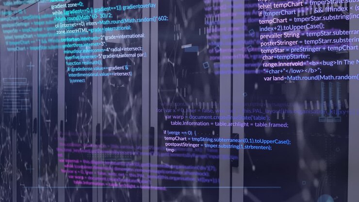 Animation of data processing and network of connections against computer server room