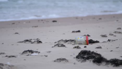 glass jar on the beach with seaweed, trash and waste litter on an empty baltic sea white sand beach, environmental pollution problem, overcast day, medium shot