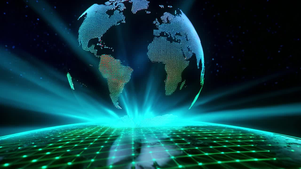 A Stunning View of a Digital Earth Surrounded by Radiating Light Beams and a Grid Pattern, Creating a Futuristic Atmosphere with Vibrant Colors and Textures Emphasizing Geographical Features