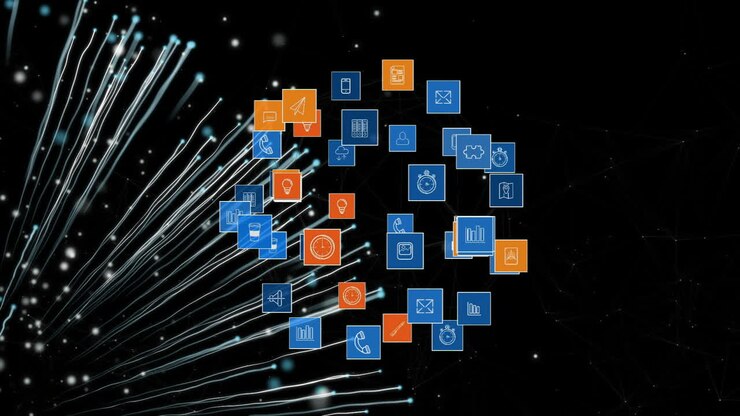 Animation of globe with networks of connections with digital icons