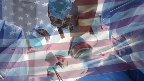 animación de la bandera de los estados unidos ondeando sobre el cirujano en la sala de operaciones