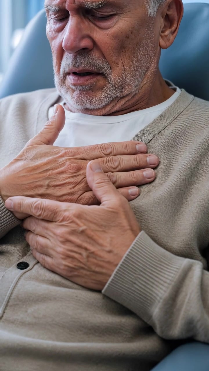 Close-up vertical view of elderly man seated in medical chair, hands over chest and upper abdomen, eyes closed, brows knit, showing visible discomfort, strain, and shortness of breath