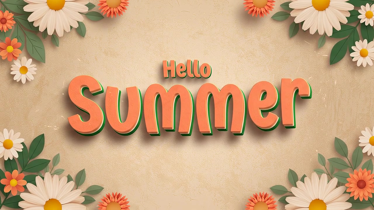 Hello Summer Floral Greeting Animation with Soft Typography on Beige Paper Background