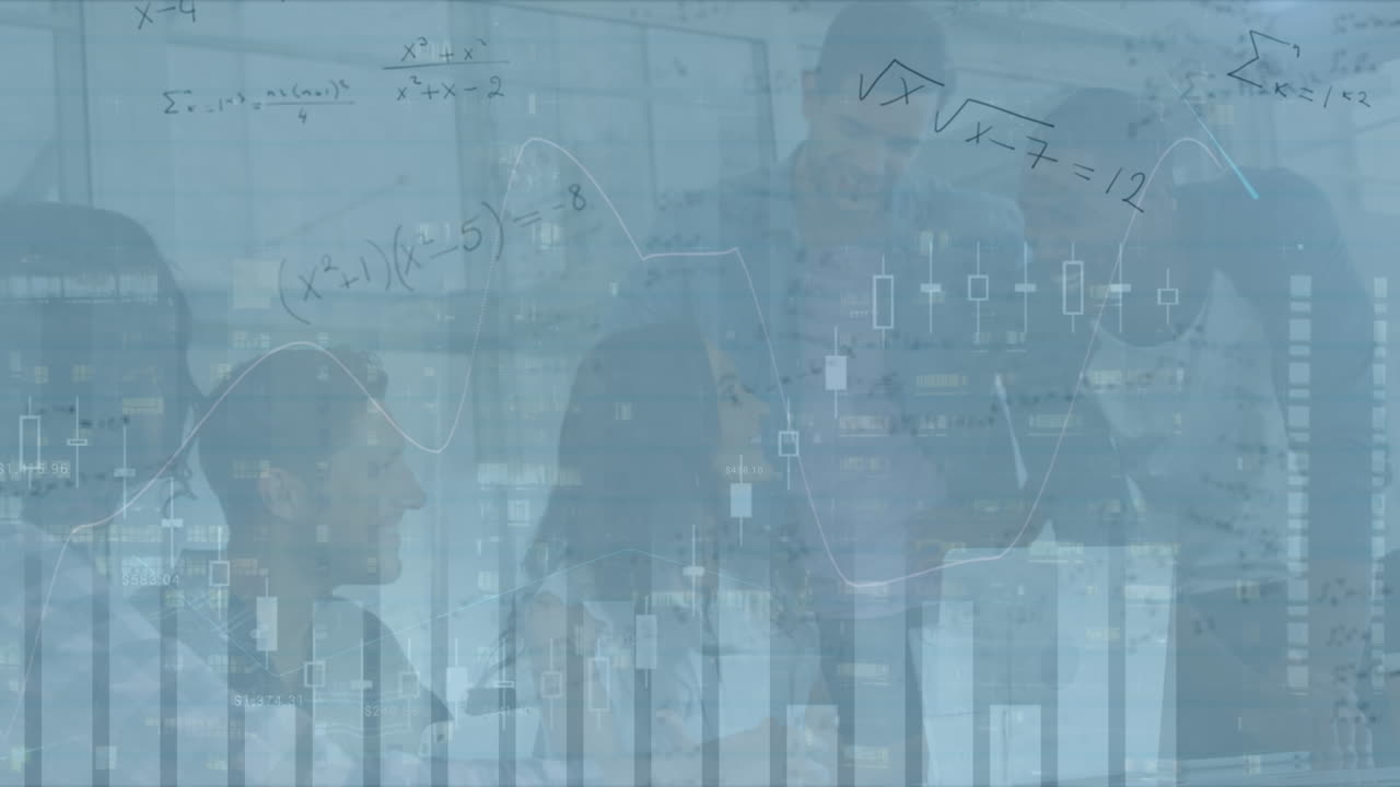 animación de fórmulas matemáticas y gráficos sobre diversos empresarios en la oficina