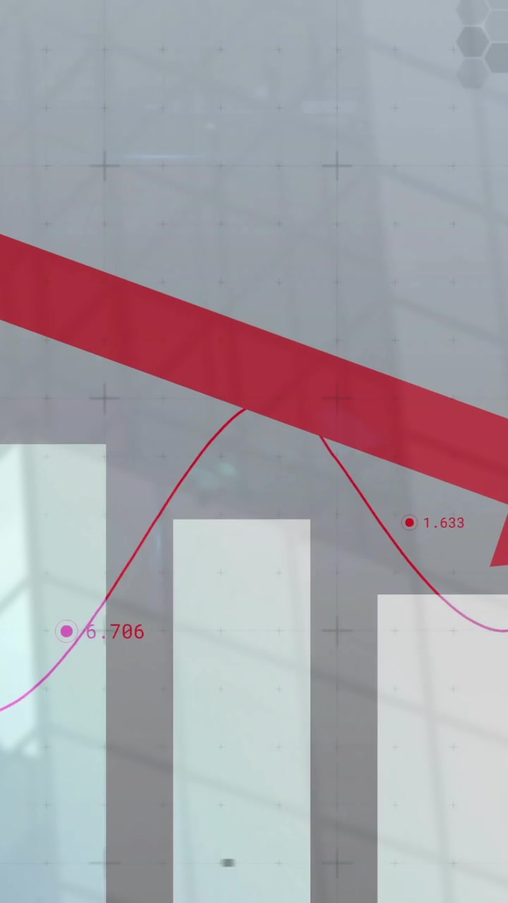 Seta vermelha para baixo e gráfico de barras mostrando declínio financeiro sobre fundo abstrato