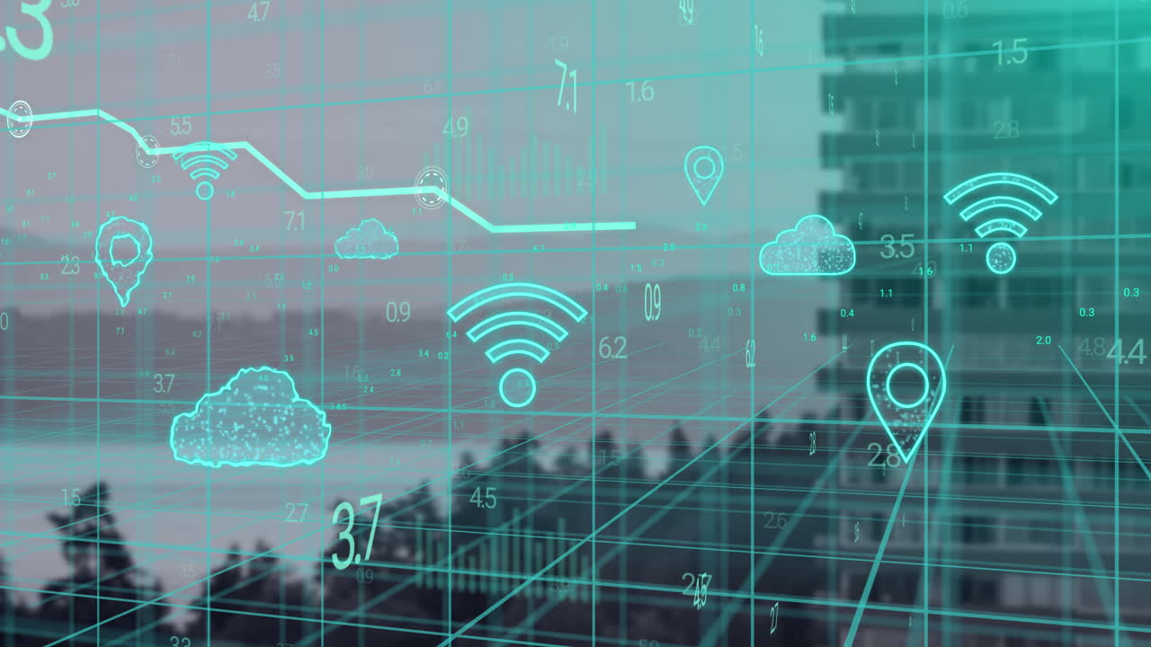 animación de iconos y procesamiento de datos sobre el paisaje urbano